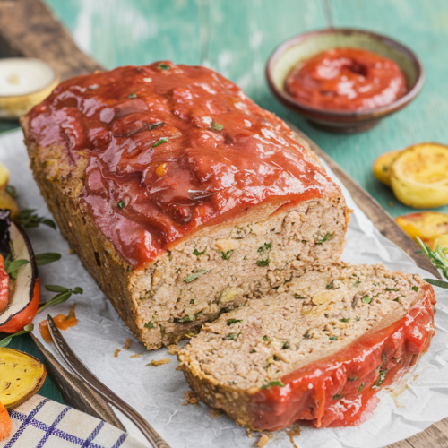 A cozy old-fashioned scene with a golden-brown loaf of meatloaf on a rustic wooden board. The meatloaf has a vibrant, glossy tomato glaze on its surface and is sliced to reveal the tender, herb-flecked interior. Surrounding the meatloaf are simple, rustic roasted vegetables. There is a small, vintage dish of extra tomato glaze nearby for dipping. A checkered napkin and a vintage fork are placed on the board. The background is a warm, casual text stating the title: "Best Southern Meatloaf" in a Pinterest-style font.