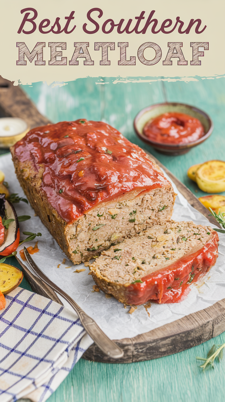 A cozy old-fashioned scene with a golden-brown loaf of meatloaf on a rustic wooden board. The meatloaf has a vibrant, glossy tomato glaze on its surface and is sliced to reveal the tender, herb-flecked interior. Surrounding the meatloaf are simple, rustic roasted vegetables. There is a small, vintage dish of extra tomato glaze nearby for dipping. A checkered napkin and a vintage fork are placed on the board. The background is a warm, casual text stating the title: "Best Southern Meatloaf" in a Pinterest-style font.