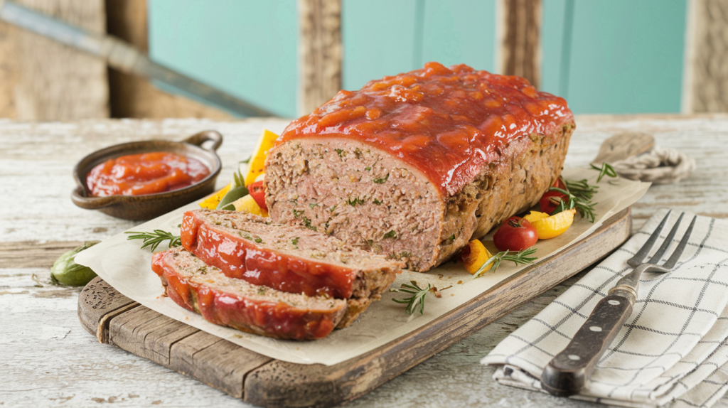 A cozy, old-fashioned scene of a golden-brown meatloaf with a vibrant, glossy tomato glaze on a rustic wooden board. The meatloaf is sliced to reveal the tender, herb-flecked interior. Surrounding the meatloaf are simple, rustic roasted vegetables. There is a small, vintage dish of extra tomato glaze nearby for dipping. The scene is complete with a checkered napkin and a vintage fork. The background is a wooden surface. Overlay warm, casual text stating the title: "Best Southern Meatloaf with Tomato Glaze: A Comfort Food Classic," in a Pinterest-style font.