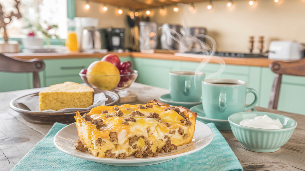 A photo of a rustic wooden table in a cozy kitchen. There's a golden-brown breakfast casserole with melted cheese and browned sausage crumbles on the table. The casserole is served with a side of cornbread. A vintage breakfast tray next to the casserole holds fresh fruit, two steaming coffee mugs, and a small bowl of sour cream. The kitchen has warm lighting and is filled with vintage decor.