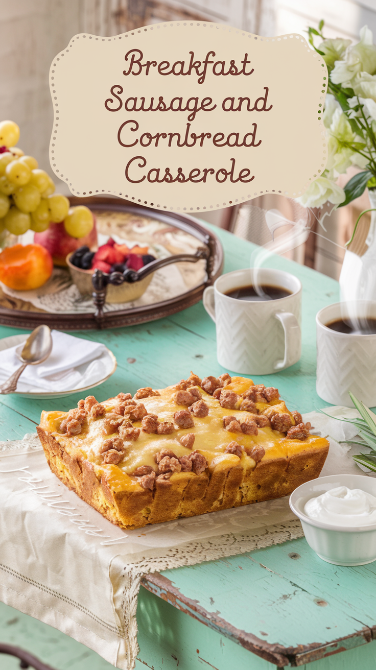 A cozy, old-fashioned kitchen scene with a rustic wooden table in the center. There's a golden-brown breakfast casserole with melted cheese and browned sausage crumbles on the table. The casserole has a fluffy cornbread base. There's a vintage breakfast tray nearby with fresh fruit, two steaming coffee mugs, and a small bowl of sour cream. The setting is bathed in warm morning light. The design is simple and inviting. There's a text overlay with the title "Breakfast Sausage and Cornbread Casserole" in a soft feminine country font.