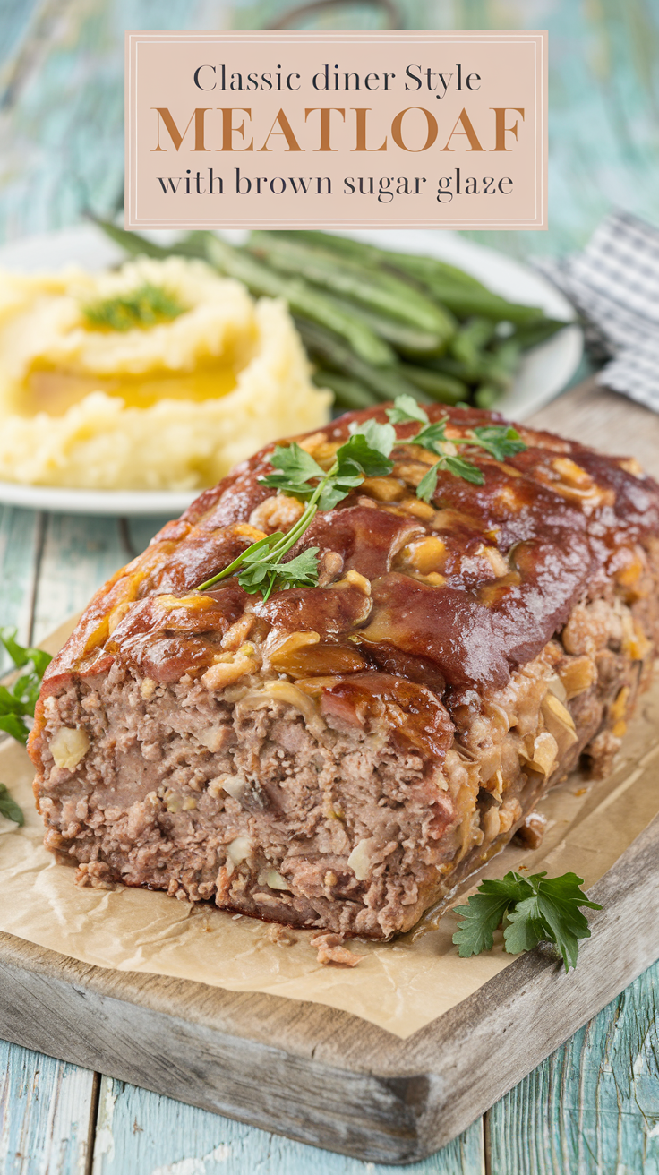 A photo of a golden-brown loaf of meatloaf with a caramelized brown sugar glaze on a rustic wooden cutting board. The meatloaf has a moist and tender interior flecked with onions and herbs. Fresh parsley is scattered over the top for a pop of color. On the side, there is a plate of buttery mashed potatoes and roasted green beans. The whole setup radiates the warmth of a classic family dinner. The title text overlay says "Classic Diner Style Meatloaf with Brown Sugar Glaze" in a soft feminine country font.