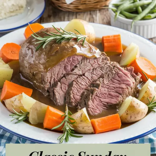 A photo of a steaming platter of beef pot roast on a rustic wooden table. The roast is surrounded by vibrant orange carrots, golden potatoes, and thick slices of beef swimming in a glossy brown gravy. Fresh rosemary sprigs garnish the dish, adding a touch of green. In the background, a basket of freshly baked rolls and a bowl of crisp green beans complete the scene. The title text "Classic Sunday Pot Roast with Veggies" is overlaid in a soft feminine country font.