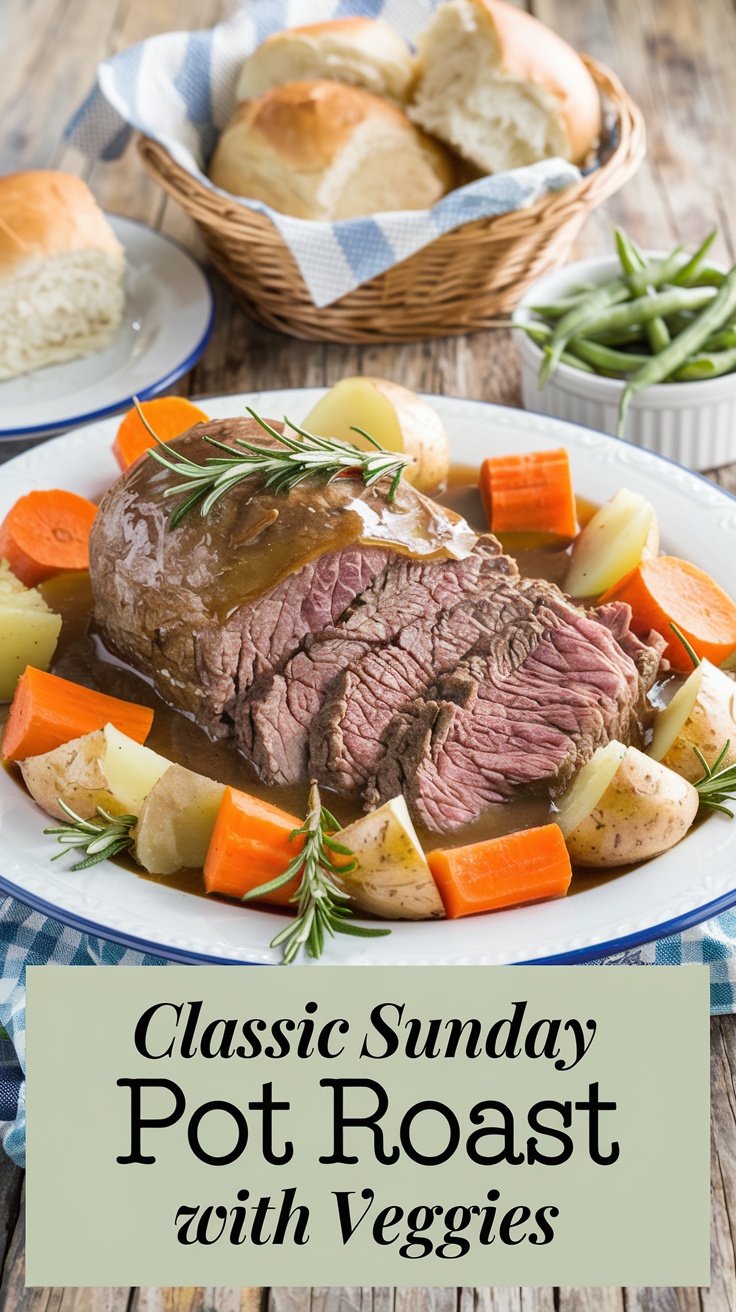 A photo of a steaming platter of beef pot roast on a rustic wooden table. The roast is surrounded by vibrant orange carrots, golden potatoes, and thick slices of beef swimming in a glossy brown gravy. Fresh rosemary sprigs garnish the dish, adding a touch of green. In the background, a basket of freshly baked rolls and a bowl of crisp green beans complete the scene. The title text "Classic Sunday Pot Roast with Veggies" is overlaid in a soft feminine country font.