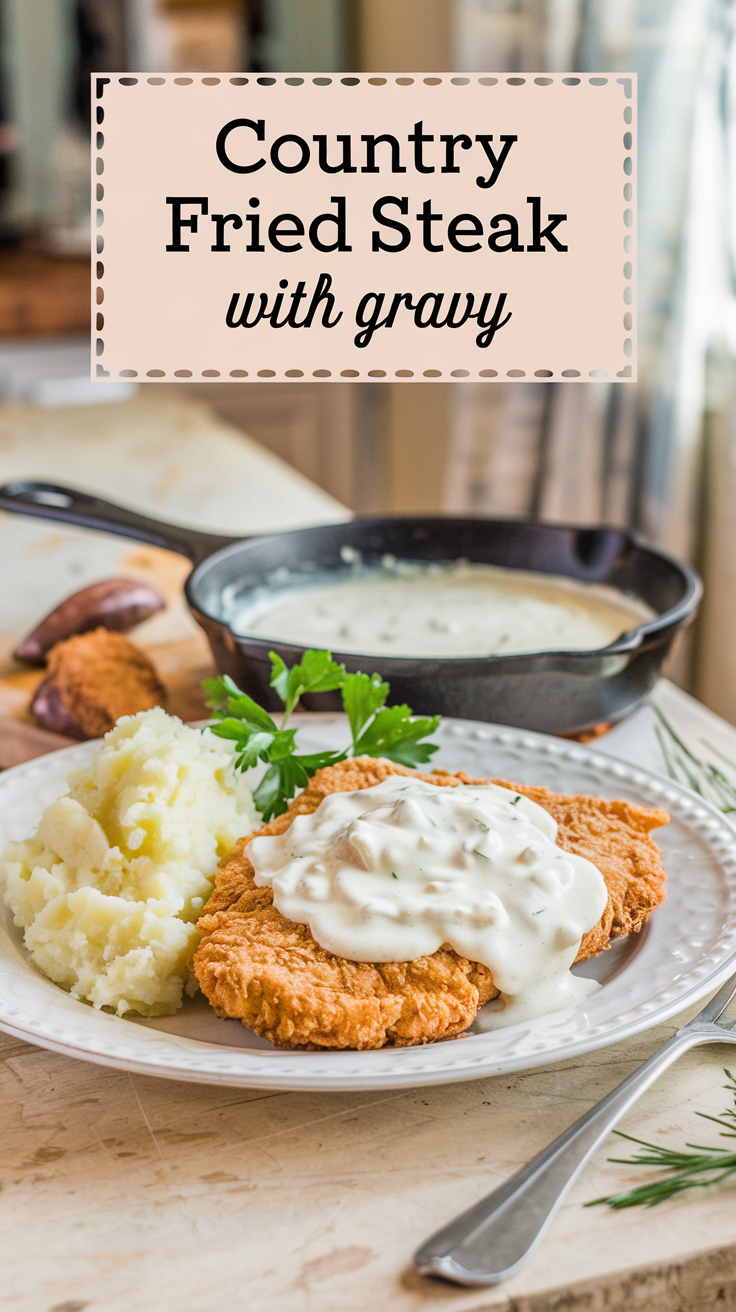 A warmly lit rustic kitchen with a country-style dining setting. The main focus is a classic country dinner scene of a golden-brown country fried steak topped with rich, creamy white sausage gravy. The plate is accompanied by fluffy mashed potatoes on the side, a sprig of fresh parsley for a touch of green, and a skillet filled with extra gravy placed nearby. The background contains a few kitchen items and a window with a curtain. The image has a title text overlay "Country Fried Steak with Gravy" in a soft feminine country font.