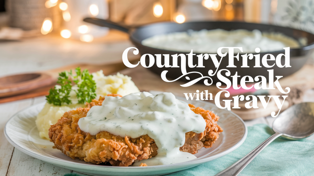 A photo of a country fried steak with gravy served on a plate, accompanied by mashed potatoes and a sprig of parsley. A skillet filled with extra gravy is placed nearby. The dish is set on a wooden surface. The background is a rustic kitchen with a warmly lit table. There's a text overlay that says "Country Fried Steak with Gravy" in a soft, feminine country font.