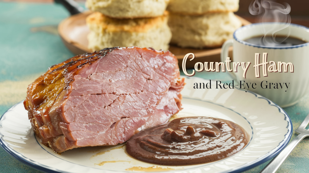 A photo of a plate with a thick-cut slice of country ham, seared to golden-brown edges and glistening with its savory juices. Next to the ham is a pool of rich, coffee-infused red-eye gravy, with a deep mahogany hue. In the background, a stack of fluffy ham biscuits sits on a wooden tray, and a steaming cup of black coffee is present. The table setting has warm tones and a Southern flair. The title text overlay "Country Ham and Red-Eye Gravy" is in a soft, feminine, country font.