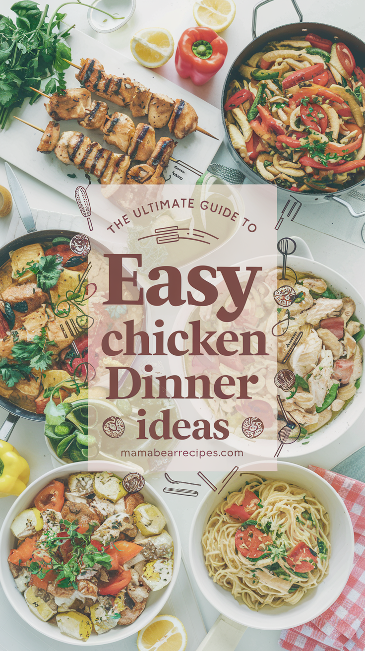 A bright and colorful kitchen counter scene featuring a variety of delicious chicken dishes, such as grilled chicken skewers, a vibrant chicken stir-fry, and a creamy chicken pasta. There are also fresh herbs, lemon slices, and bell peppers. The background is clean and white. There is a title overlay that says "The Ultimate Guide to Easy Chicken Dinner Ideas" in a feminine country style font.