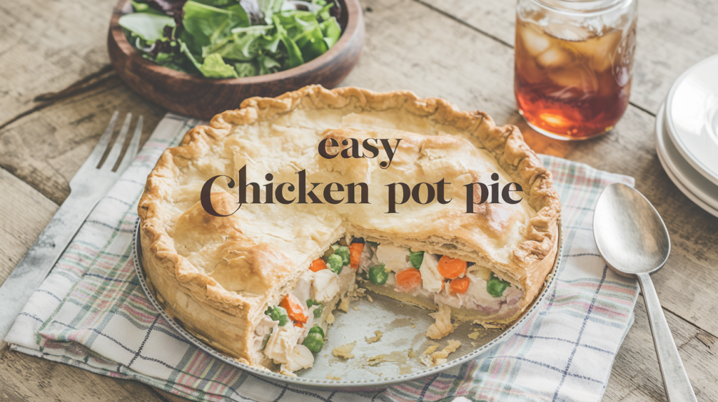 A photo of an old-fashioned, cozy kitchen scene with a rustic wooden table. There is a golden, flaky chicken pot pie on a plaid tablecloth, with a slice removed to reveal the creamy filling inside. There are chunks of chicken, peas, and carrots visible. A mason jar of iced tea and a simple, leafy green salad in a wooden bowl are placed nearby. The image is overlaid with warm, casual text that says "Easy Chicken Pot Pie".