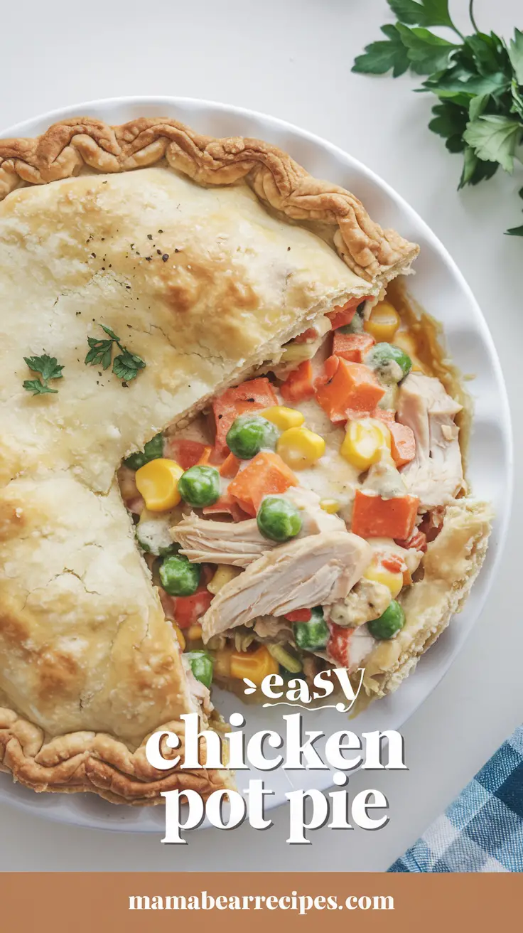 A comforting chicken pot pie is sliced open to reveal a colorful and hearty filling of tender shredded chicken, vibrant peas, corn, and carrots, all nestled in a creamy, savory sauce. The golden-brown, flaky crust glistens with a buttery finish, with small garnishes of fresh parsley scattered on top for a pop of green. The dish is served on a white plate, highlighting the warmth and homemade charm of this classic comfort food. Overlay the image with warm, casual text, featuring the short title: "Easy Chicken Pot Pie" . Ensure the text is clear and not overly busy. The footer should contain the URL: "MAMABEARRECIPES.COM in a banner".