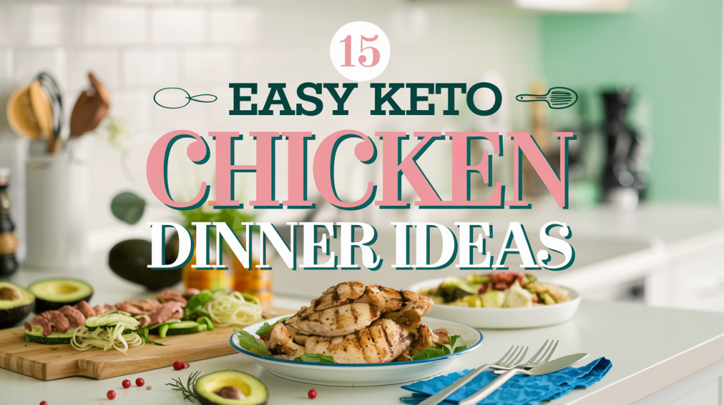 A bright and bold image of a modern kitchen countertop with various keto dish elements. In the foreground, there's a steaming plate of grilled chicken. The countertop is adorned with zucchini noodles, avocados, and various herbs. In the background, there's a large, bold text that says "15 Easy Keto Chicken Dinner Ideas" in a feminine country style font. The text is overlaid on the scene. There are cooking utensil icons around the title.