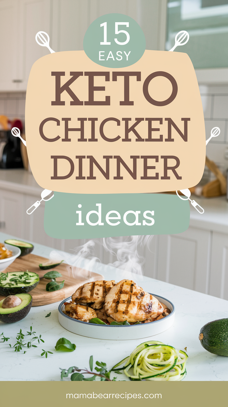 A bright and bold image of a modern kitchen countertop with various keto dish elements. In the foreground, there's a steaming plate of grilled chicken. The countertop is adorned with zucchini noodles, avocados, and various herbs. In the background, there's a large, bold text that says "15 Easy Keto Chicken Dinner Ideas" in a feminine country style font. The text is overlaid on the scene. There are cooking utensil icons around the title.