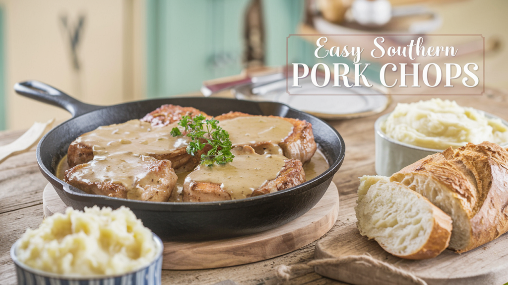 A photo of a rustic wooden table in a warm, cozy kitchen. There's a large cast iron skillet in the center, filled with golden-brown pork chops smothered in creamy, glistening gravy. The chops are garnished with a sprinkle of fresh parsley. Surrounding the skillet are a small bowl of fluffy mashed potatoes and a loaf of crusty bread on a wooden cutting board. The background is softly blurred, featuring vintage kitchen decor. There is a text overlay "Easy Southern Pork Chops" in a soft feminine country font.