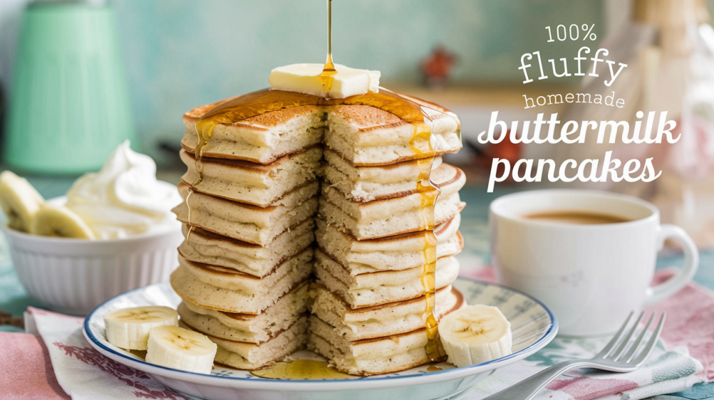 A photo of a tall stack of golden buttermilk pancakes with a fluffy texture. A generous pat of butter is melting on top, with warm maple syrup drizzled on the pancakes. There's a small bowl of fresh banana slices and a dish of whipped cream beside the stack. The pancakes have slightly crispy edges and pillowy centers. A steaming cup of coffee is placed nearby. The background is a rustic kitchen with a few decorative items. The image has a soft morning light. The title text "100% Fluffy Homemade Buttermilk Pancakes" is overlaid in a soft feminine country font.