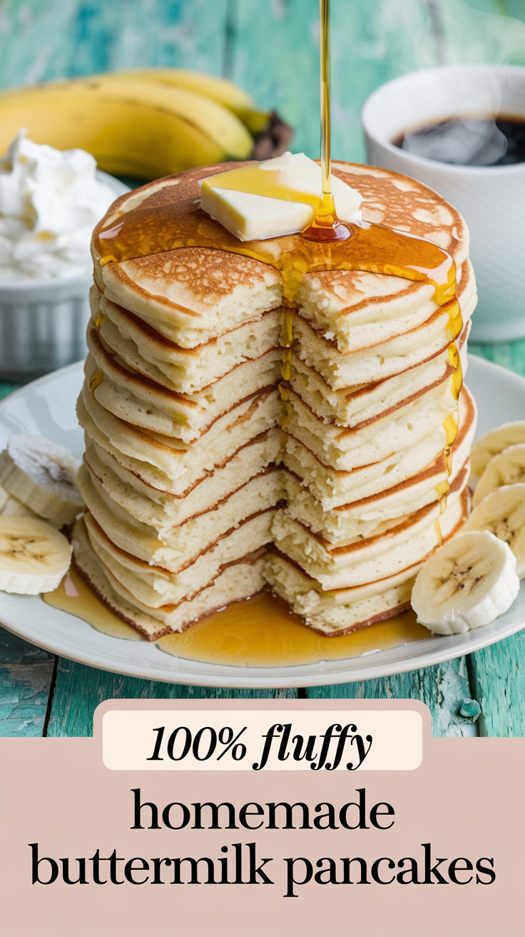 A photo of a tall stack of golden buttermilk pancakes with a fluffy texture. There is a generous pat of butter melting on top, and a drizzle of warm maple syrup glistens. Next to the stack, there is a small bowl of fresh banana slices and a dish of whipped cream. The pancakes' edges are slightly crispy, providing a perfect contrast to their pillowy centers. There is a steaming cup of coffee nearby. The background is a rustic wooden surface. The title text "100% Fluffy Homemade Buttermilk Pancakes" is overlaid in a soft feminine country font.