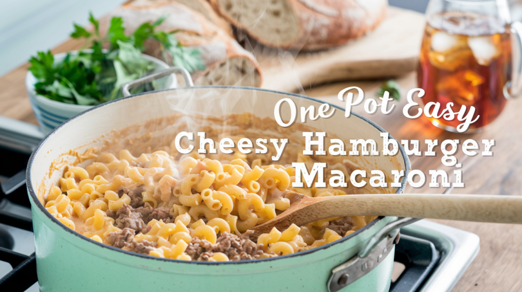 A cozy family dinner scene with a steaming pot of cheesy hamburger macaroni on a stove. The creamy sauce is bubbling gently, with bright orange cheddar cheese melted over tender elbow macaroni and juicy ground beef scattered throughout. A wooden spoon rests in the pot, ready to serve. A bowl of fresh parsley adds a pop of green to the warm scene. In the background, a loaf of crusty bread and a pitcher of iced tea are placed. The title text "One Pot Easy Cheesy Hamburger Macaroni" is overlaid in a soft feminine country font.