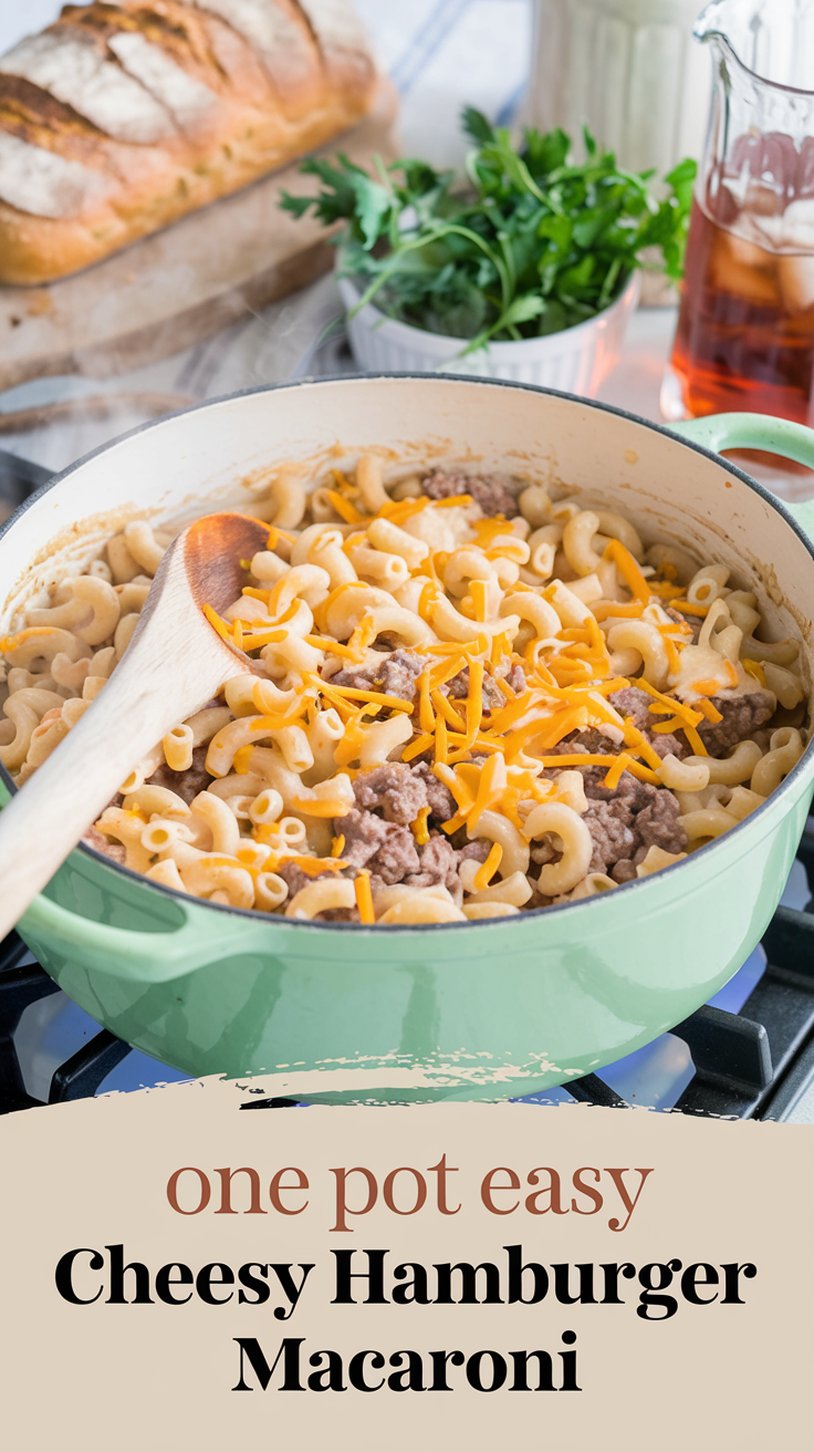 A cozy kitchen scene with a steaming pot of cheesy hamburger macaroni on a stove. The pot's creamy sauce is bubbling gently, with bright orange cheddar cheese melted over tender elbow macaroni and juicy ground beef scattered throughout. A wooden spoon rests in the pot, ready to serve, and a bowl of fresh parsley adds a pop of green to the warm, inviting scene. In the background, a loaf of crusty bread and a pitcher of iced tea complete the image of a cozy family dinner. The title text "One Pot Easy Cheesy Hamburger Macaroni" is overlaid in a soft feminine country font.