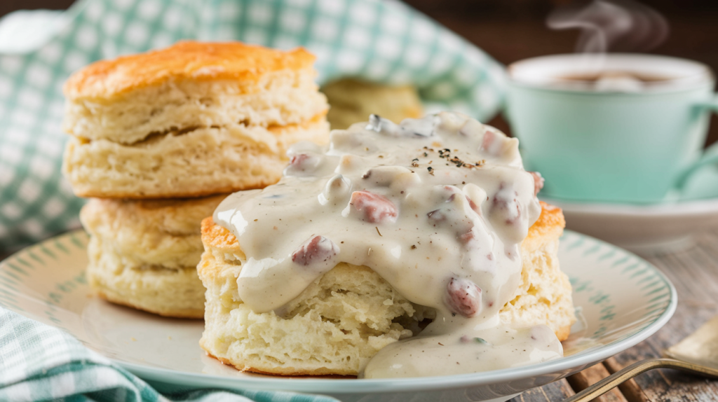 A photo of a plate of golden, flaky biscuits layered with buttery folds, topped with a ladle of creamy sausage gravy speckled with bits of browned sausage and flecks of freshly cracked black pepper. The gravy glistens under warm lighting, showcasing its velvety consistency. In the background, a rustic wooden table is adorned with a soft gingham napkin and a steaming cup of coffee, completing the cozy, homestyle vibe. The dish is visually inviting and delicious, making it the ultimate comfort food centerpiece for any breakfast table.