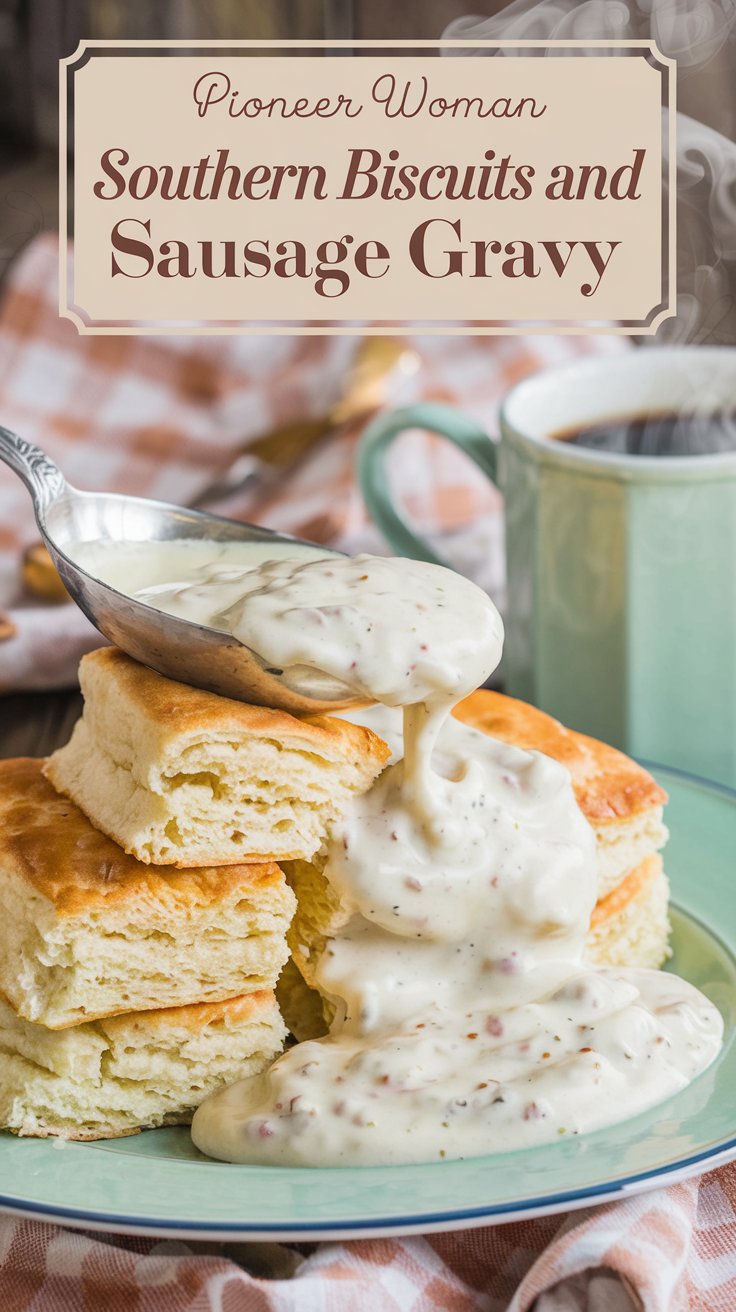 A photo of a plate of golden, flaky biscuits layered with buttery folds and a generous ladle of creamy sausage gravy, speckled with bits of browned sausage and flecks of freshly cracked black pepper. The gravy glistens under warm lighting. In the background, a rustic wooden table is adorned with a soft gingham napkin and a steaming cup of coffee, creating a cozy, homestyle vibe. The title text overlay "Pioneer Woman Southern Biscuits and Sausage Gravy" is done in a soft feminine country font.