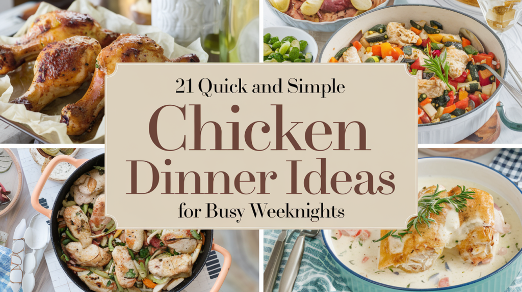 A Pinterest-style photo of a dinner table scene with an assortment of chicken dishes prominently displayed. There are golden-brown baked BBQ drumsticks, colorful stir-fry with vegetables, and a creamy chicken alfredo dish. The setting is well-lit and has an inviting atmosphere. The background contains a beige curtain and a potted plant. The blog post title "21 Quick and Simple Chicken Dinner Ideas" is overlaid in a soft feminine country style font.