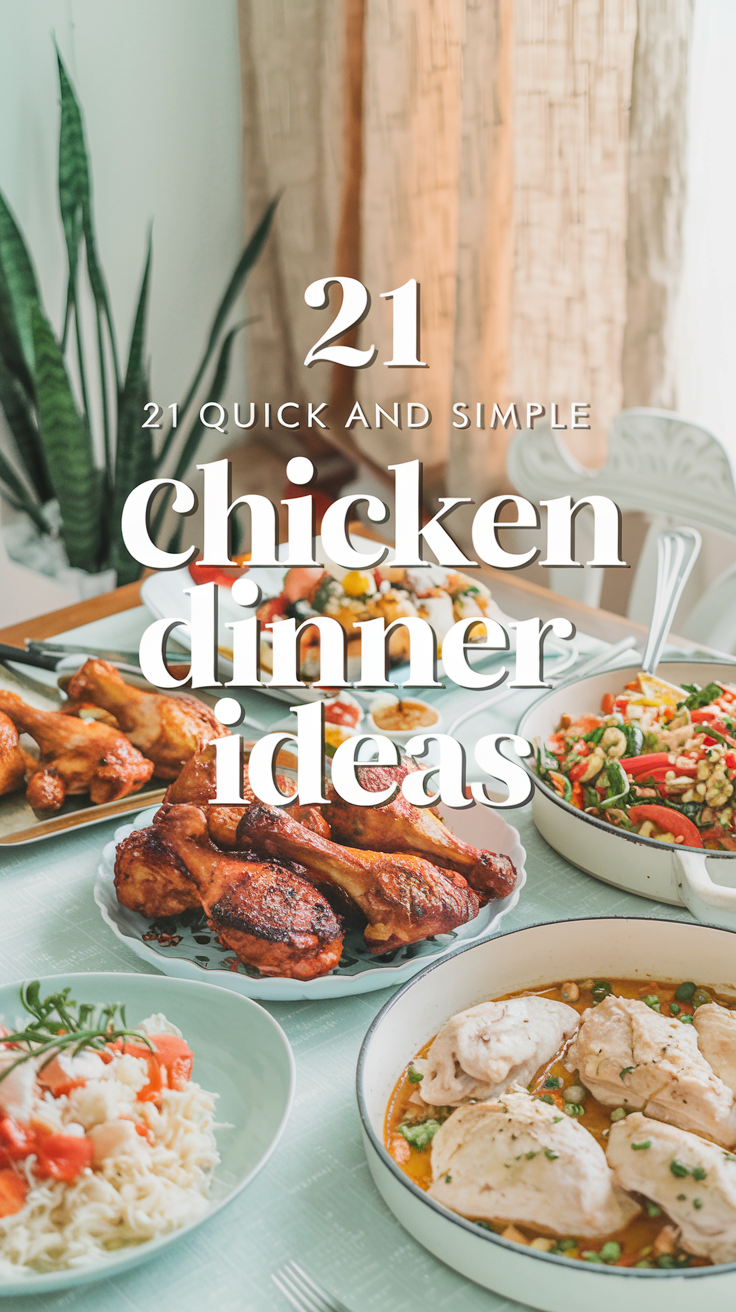 A Pinterest-style photo of a dinner table scene with an assortment of chicken dishes prominently displayed. There are golden-brown baked BBQ drumsticks, colorful stir-fry with vegetables, and a creamy chicken alfredo dish. The setting is well-lit and has an inviting atmosphere. The background contains a beige curtain and a potted plant. The blog post title "21 Quick and Simple Chicken Dinner Ideas" is overlaid in a soft feminine country style font.