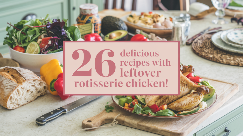 A Pinterest-style image of a gleaming kitchen countertop filled with vibrant, colorful ingredients ready to transform leftover rotisserie chicken into delicious meals. There's a bowl of fresh mixed greens, colorful vegetables like bell peppers and avocados, a loaf of crusty bread, a chef's knife, and a wooden cutting board. The background contains a few kitchen utensils and a cozy dinner setting. The image is overlaid with the text "26 Delicious Recipes with Leftover Rotisserie Chicken!" in a soft feminine country style font.