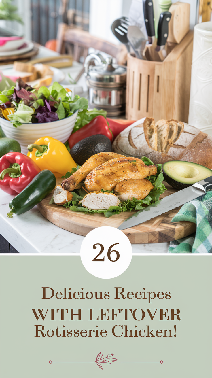 A Pinterest-style image of a gleaming kitchen countertop filled with vibrant, colorful ingredients ready to transform leftover rotisserie chicken into delicious meals. There's a bowl of fresh mixed greens, colorful vegetables like bell peppers and avocados, a loaf of crusty bread, a chef's knife, and a wooden cutting board. The background contains a few kitchen utensils and a cozy dinner setting. The image is overlaid with the text "26 Delicious Recipes with Leftover Rotisserie Chicken!" in a soft feminine country style font.