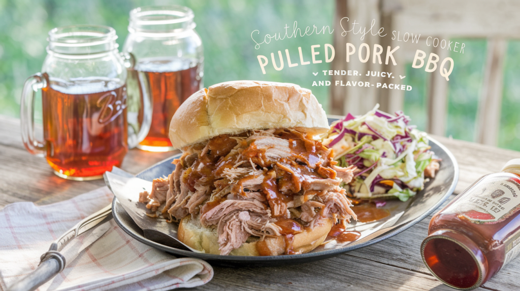 A cozy, old-fashioned scene on a rustic wooden table. There's a generous platter of succulent, slow-cooked pulled pork glistening with rich, tangy BBQ sauce. The pork is stacked high on soft brioche buns. There's a side of vibrant coleslaw. Mason jars filled with sweet tea are placed in the background. A checkered napkin and a vintage-style bottle of extra BBQ sauce are scattered nearby. The warm title text "Southern Style Slow Cooker Pulled Pork BBQ: Tender, Juicy, and Flavor-Packed" is overlaid in a cozy Pinterest-style font. The composition is simple and inviting, embodying a sense of Southern comfort.