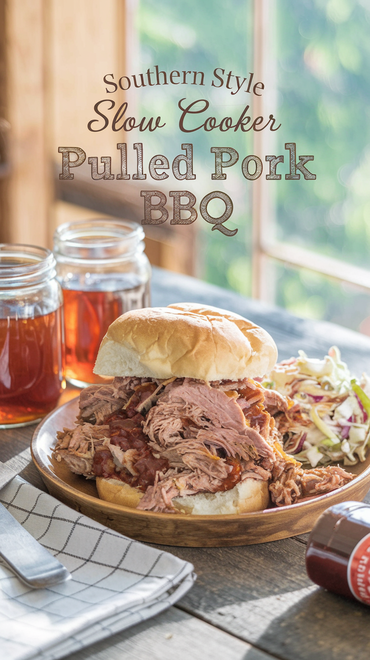 A cozy, rustic scene with a wooden table and a few items. There's a generous platter of slow-cooked pulled pork with BBQ sauce, stacked high on soft brioche buns. There's also a side of coleslaw. Two mason jars filled with sweet tea are placed near the platter. A checkered napkin and a vintage-style bottle of extra BBQ sauce are scattered nearby. The background is warm and inviting, with sunlight streaming through a window. The title text "Southern Style Slow Cooker Pulled Pork BBQ" is overlaid in a cozy Pinterest-style font.