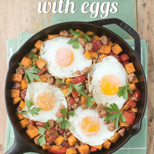 A cozy, old-fashioned kitchen setting with a rustic wooden table as the background. At the center of the table is a cast-iron skillet filled with a vibrant sweet potato breakfast hash. The hash features golden cubes of roasted sweet potatoes mixed with red and green bell peppers, and savory crumbled sausage. Nestled within the hash are sunny-side-up eggs with slightly runny yolks. Sprigs of fresh parsley and a light sprinkle of black pepper complete the dish. The text "Sweet Potato Breakfast Hash with Eggs" is overlaid in a soft, feminine country font.