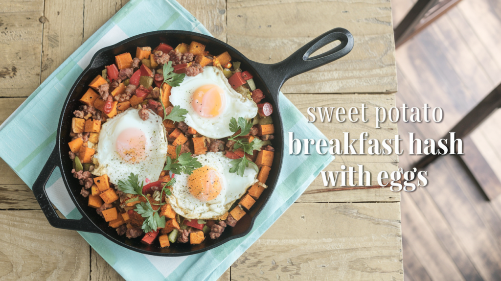 A photo of a rustic wooden table in a cozy kitchen setting. At the center of the table is a cast-iron skillet filled with a vibrant sweet potato breakfast hash. The hash features golden cubes of roasted sweet potatoes mixed with red and green bell peppers, and savory crumbled sausage. Nestled within the hash are sunny-side-up eggs with slightly runny yolks. Sprigs of fresh parsley and a light sprinkle of black pepper complete the dish. The title text "Sweet Potato Breakfast Hash with Eggs" is overlaid in a soft, feminine country font.