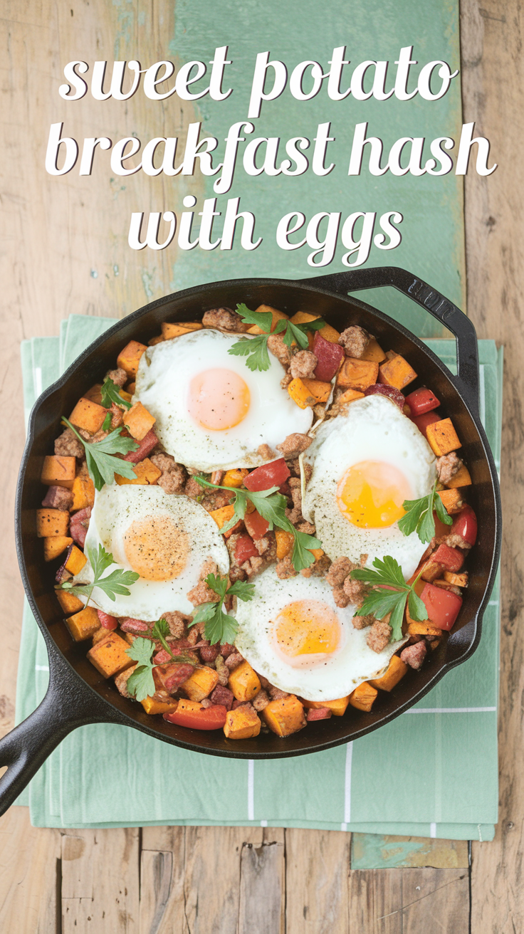 A cozy, old-fashioned kitchen setting with a rustic wooden table as the background. At the center of the table is a cast-iron skillet filled with a vibrant sweet potato breakfast hash. The hash features golden cubes of roasted sweet potatoes mixed with red and green bell peppers, and savory crumbled sausage. Nestled within the hash are sunny-side-up eggs with slightly runny yolks. Sprigs of fresh parsley and a light sprinkle of black pepper complete the dish. The text "Sweet Potato Breakfast Hash with Eggs" is overlaid in a soft, feminine country font.