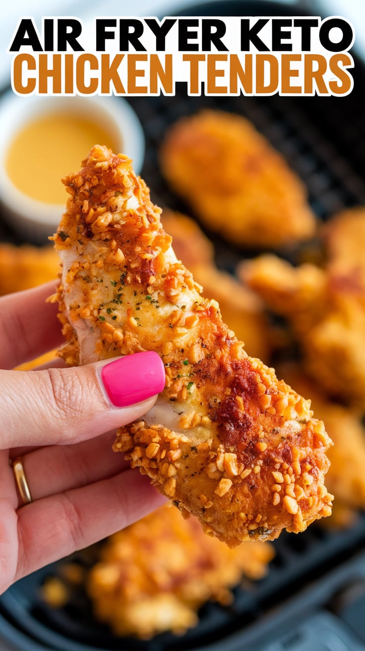 Air fryer keto chicken tenders with ranch dip and celery sticks.