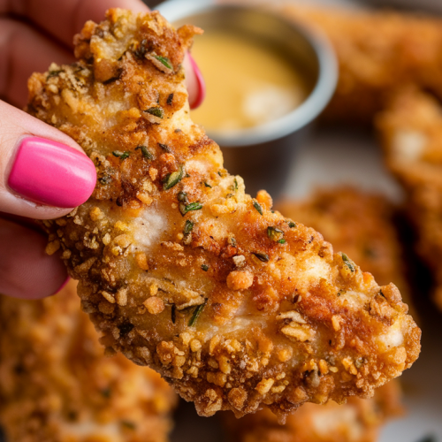 Air fryer keto chicken tenders with ranch dip and celery sticks.