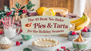 A cozy kitchen scene with a warmly lit wooden table. There are classic holiday elements like a mix of rich chocolate, tart lemons, vibrant peppermint sticks, fresh bananas, and decorative pie crusts. There are also pie ingredients like whipped cream, caramel sauce, and colorful berries in small rustic bowls or vintage measuring cups. The background is warm and inviting. The text overlay says "The 10 Best No-Bake Pies & Tarts for the Holiday Season" in a warm and casual font, matching the warm and vintage aesthetic. The text color contrasts harmoniously with the background for readability.