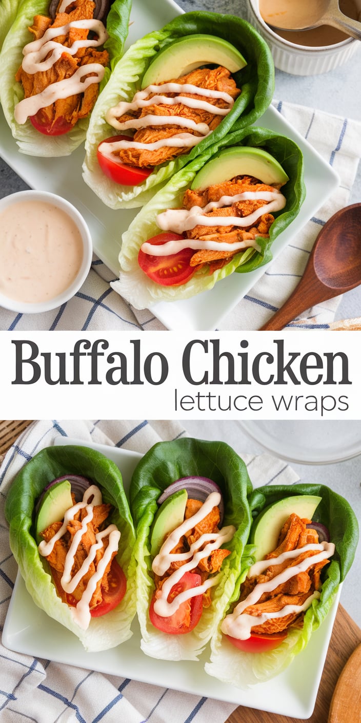 Buffalo chicken lettuce wraps with ranch and celery garnish