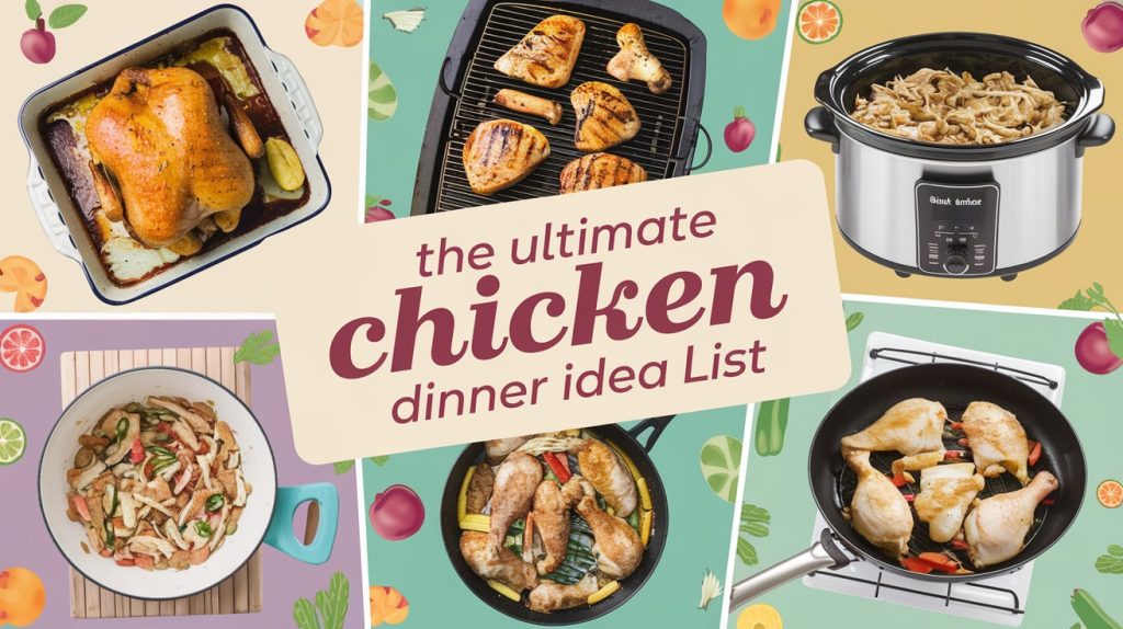 A bright and bold image with vivid colors. There are various cooking styles represented by a baking dish, grill, slow cooker, frying pan, and stove, all containing cooked chicken. The background is a cozy kitchen with a wooden table, chairs, and a few kitchen utensils. Over the scene, there is a text overlay that says "The Ultimate Chicken Dinner Idea List" in a soft feminine country style font.