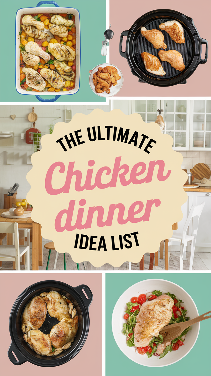 A bright and bold image with vivid colors. There are various cooking styles represented by a baking dish, grill, slow cooker, frying pan, and stove, all containing cooked chicken. The background is a cozy kitchen with a wooden table, chairs, and a few kitchen utensils. Over the scene, there is a text overlay that says "The Ultimate Chicken Dinner Idea List" in a soft feminine country style font.