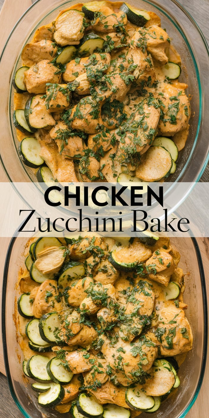 Chicken zucchini Alfredo bake topped with golden cheese and parsley