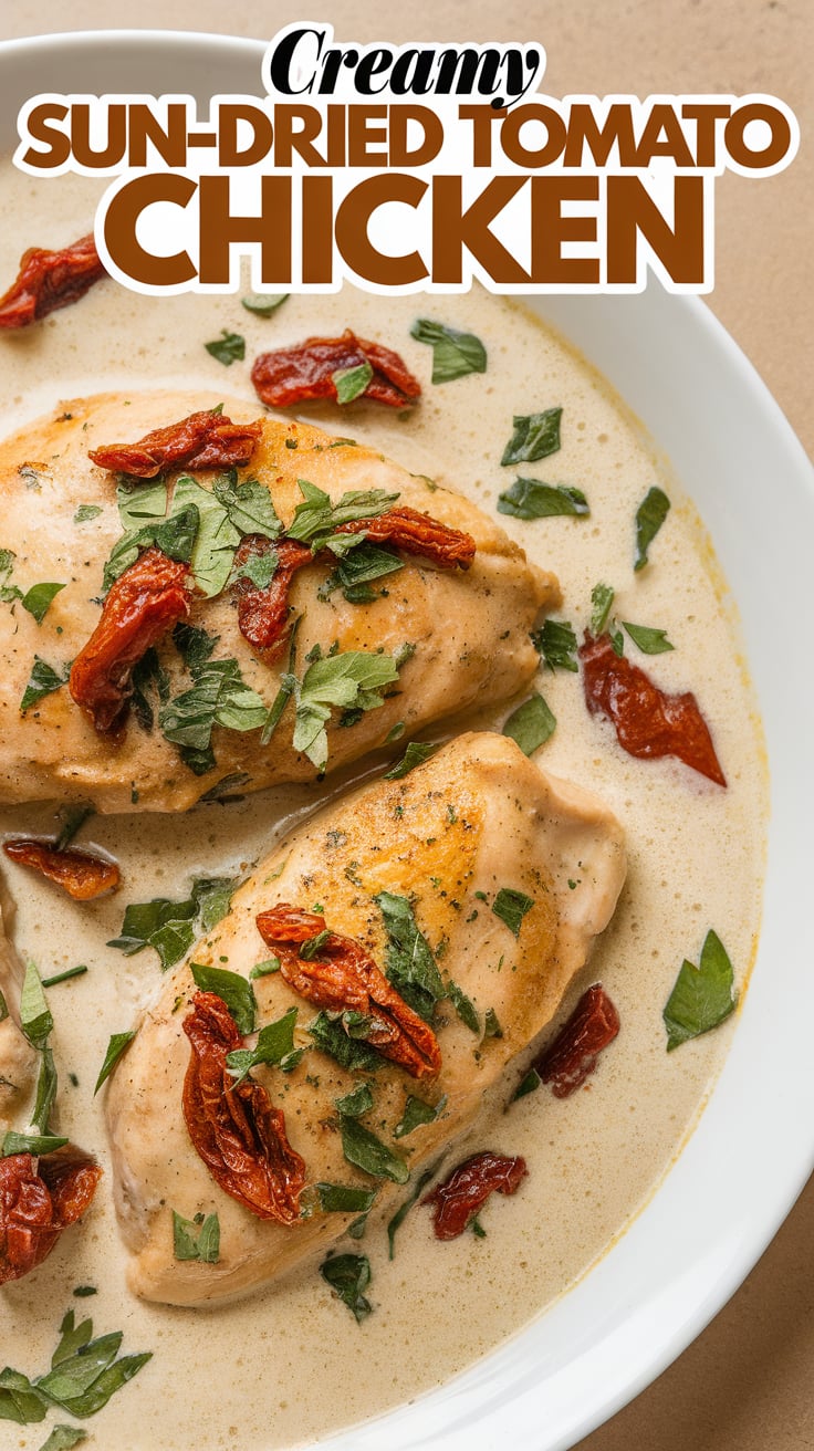 Creamy Tuscan chicken in a skillet with spinach and sun-dried tomatoes.