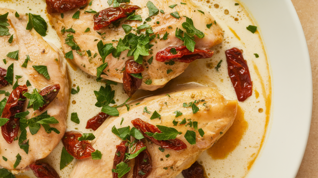 Creamy Tuscan chicken in a skillet with spinach and sun-dried tomatoes.