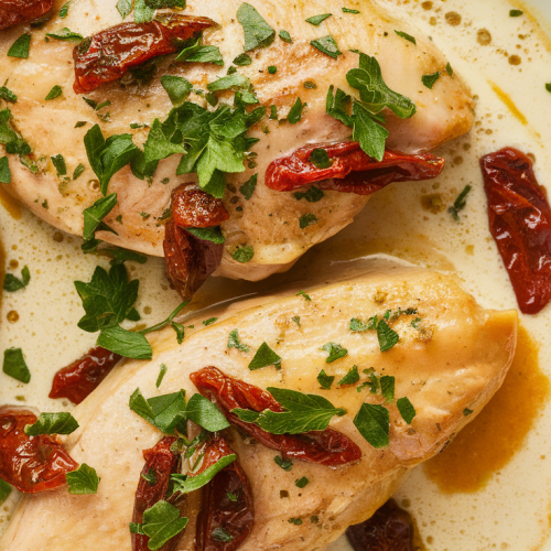 Creamy Tuscan chicken in a skillet with spinach and sun-dried tomatoes.