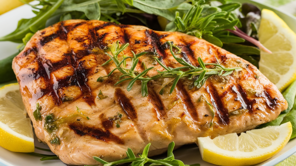 Grilled lemon herb chicken breasts with lemon wedges and salad