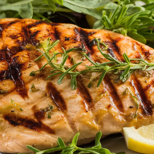 Grilled lemon herb chicken breasts with lemon wedges and salad