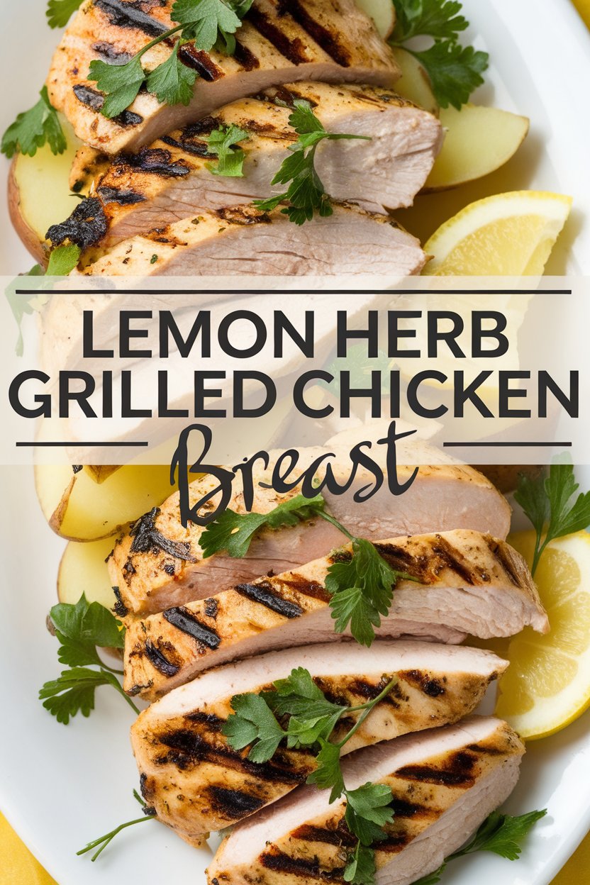 Grilled lemon herb chicken breasts with lemon wedges and salad