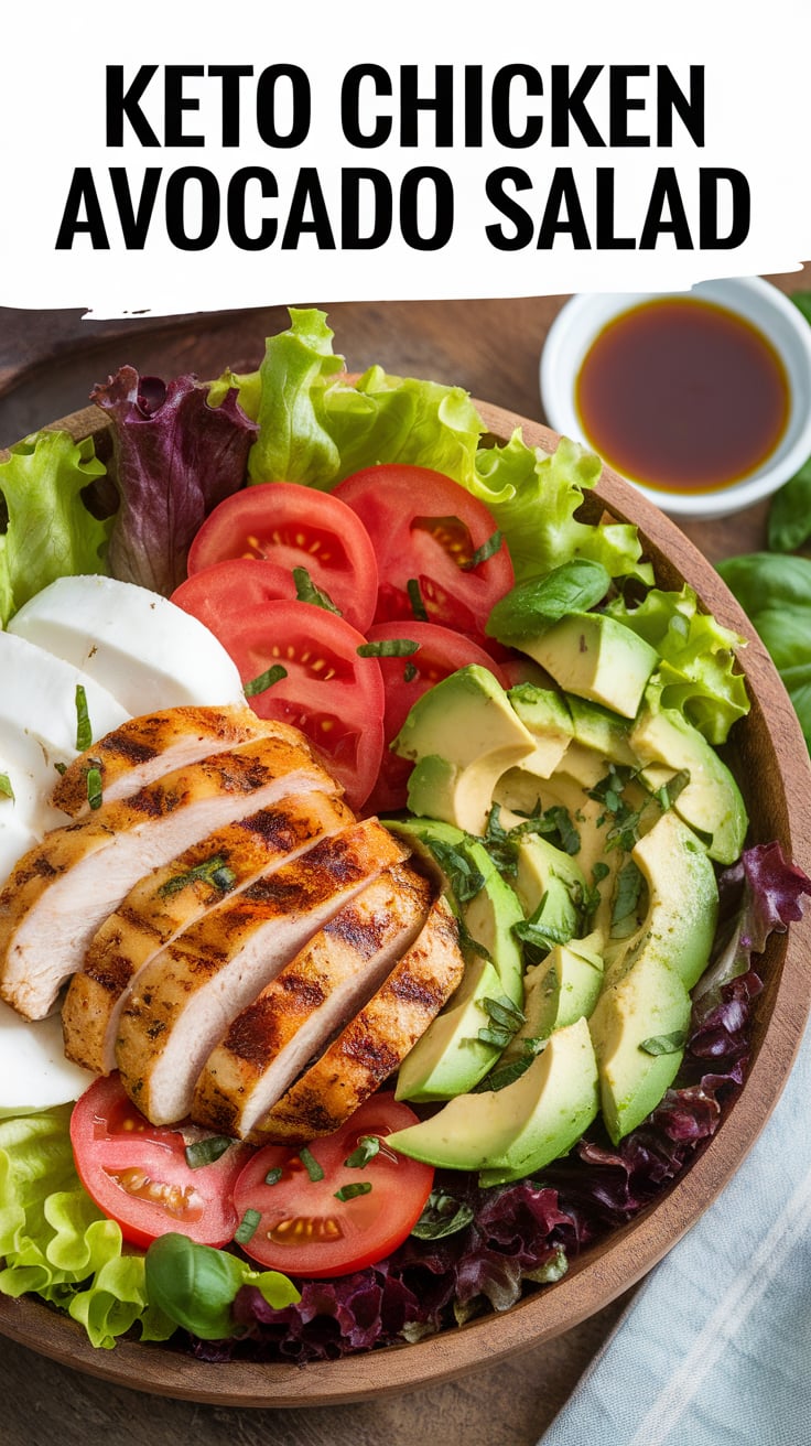 Keto chicken avocado salad with cucumber, cherry tomatoes, and creamy dressing.