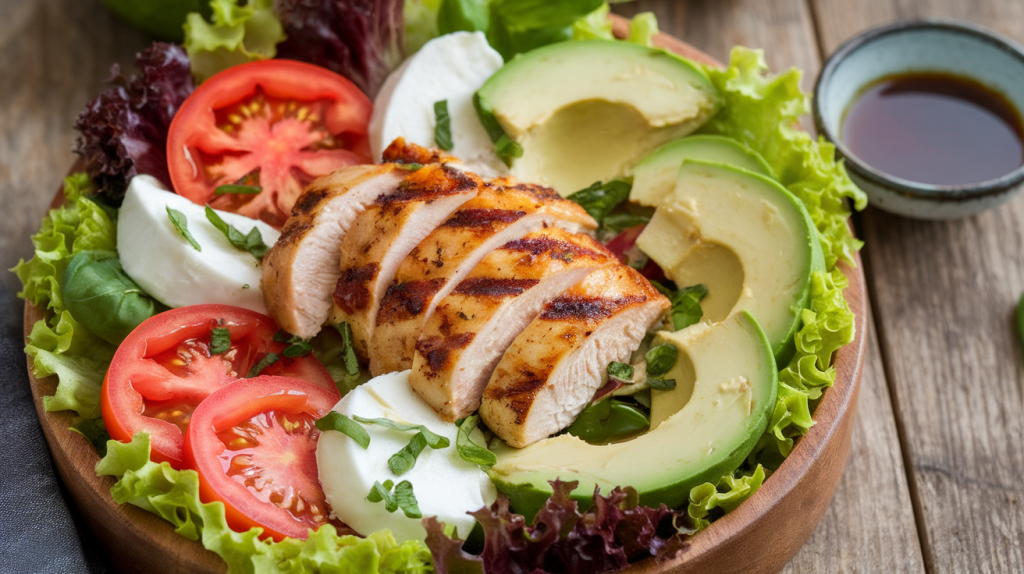 Keto chicken avocado salad with cucumber, cherry tomatoes, and creamy dressing.