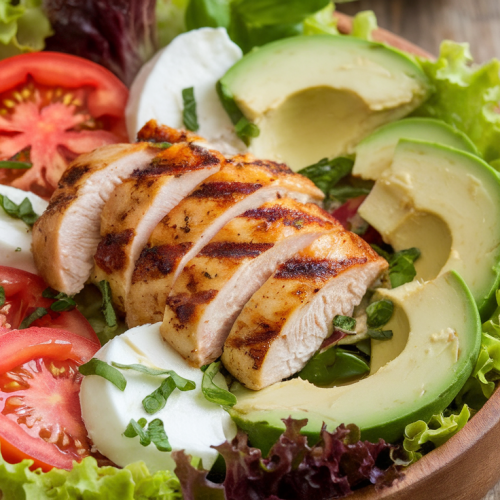 Keto chicken avocado salad with cucumber, cherry tomatoes, and creamy dressing.