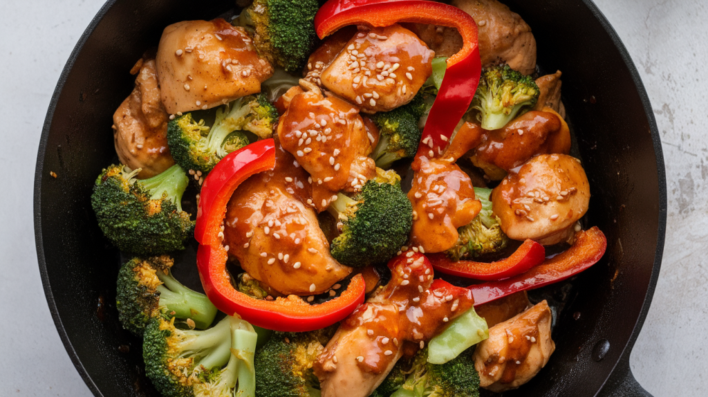 Keto chicken stir-fry with broccoli, bell peppers, and zucchini in a savory sauce.