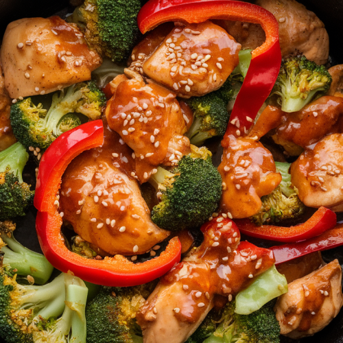 Keto chicken stir-fry with broccoli, bell peppers, and zucchini in a savory sauce.